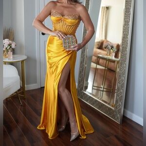 Elegant Gold Strapless Evening Gown